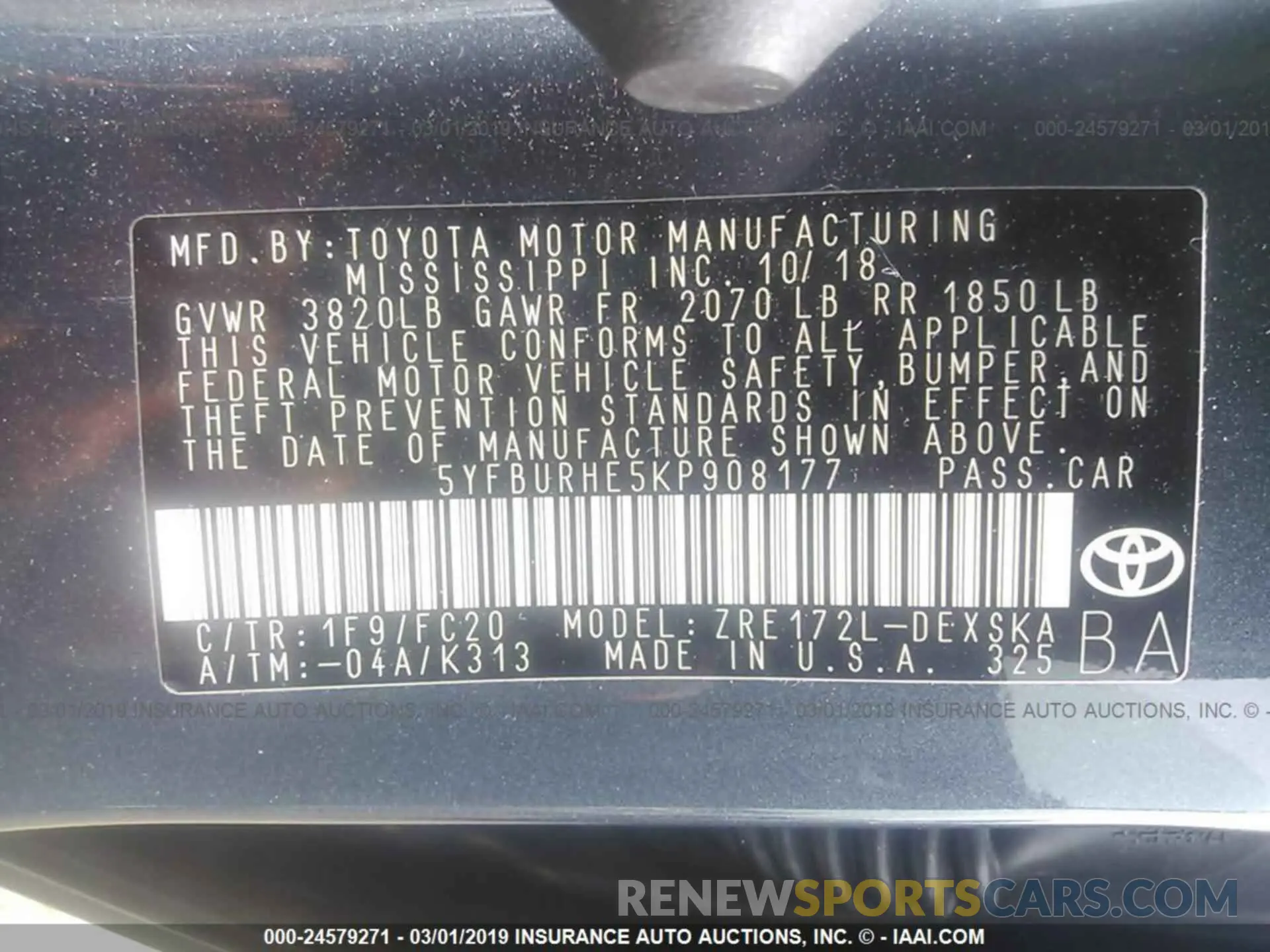 9 Photograph of a damaged car 5YFBURHE5KP908177 TOYOTA COROLLA 2019