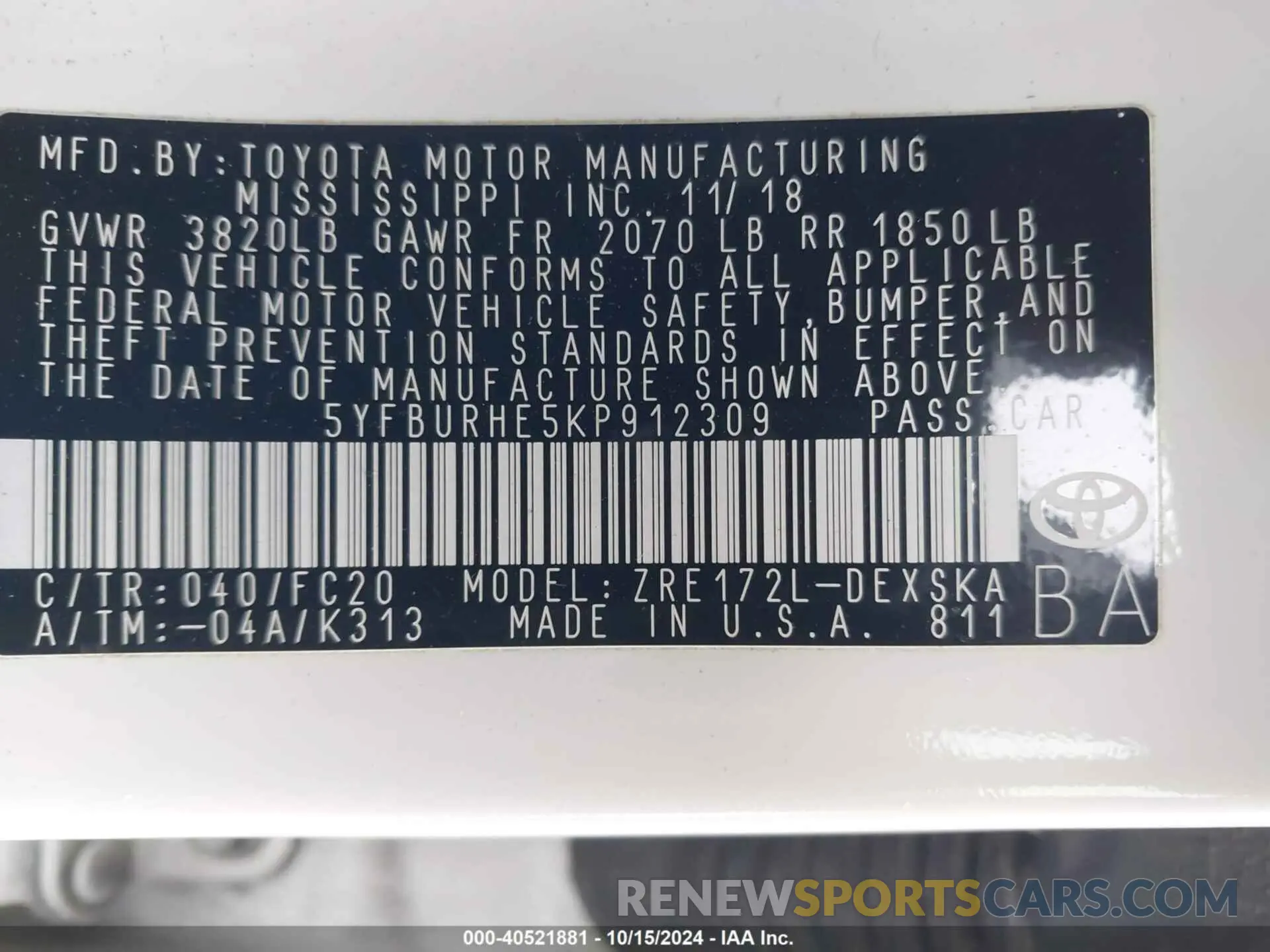 9 Photograph of a damaged car 5YFBURHE5KP912309 TOYOTA COROLLA 2019