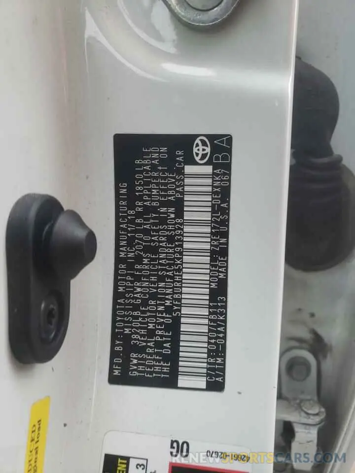 12 Photograph of a damaged car 5YFBURHE5KP913928 TOYOTA COROLLA 2019