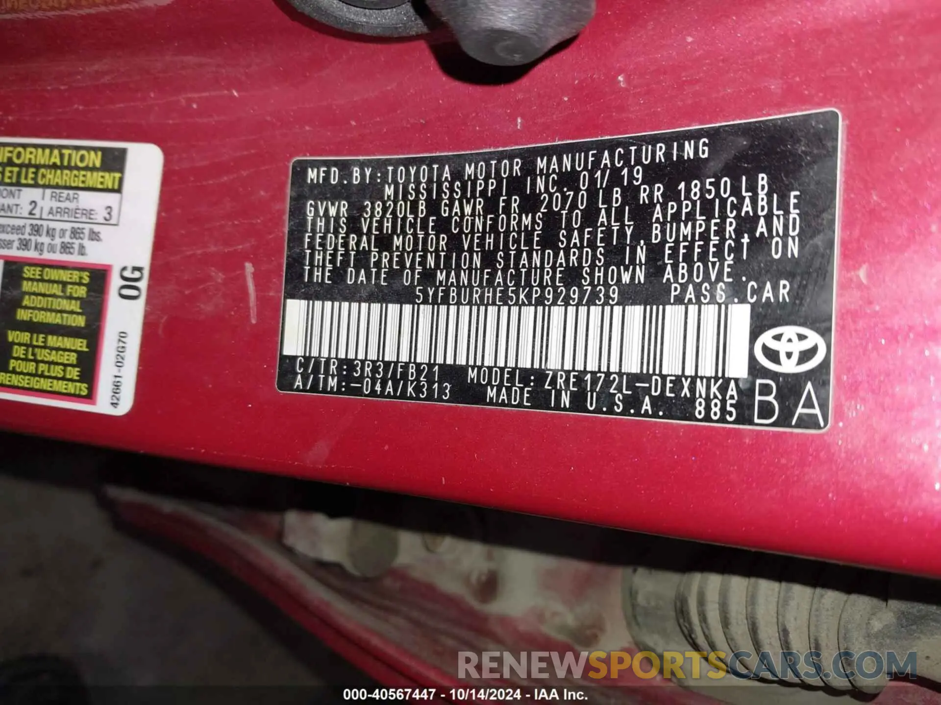 9 Фотография поврежденного автомобиля 5YFBURHE5KP929739 TOYOTA COROLLA 2019