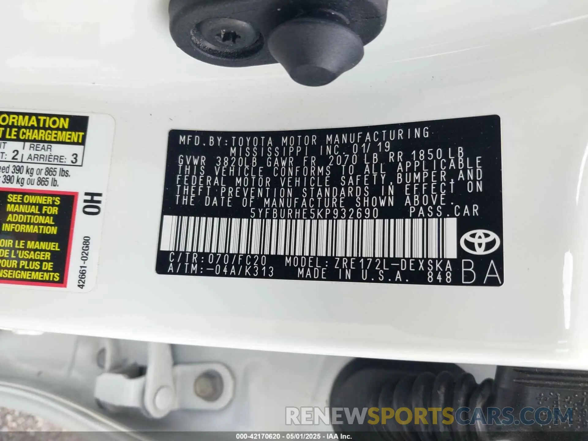 9 Фотография поврежденного автомобиля 5YFBURHE5KP932690 TOYOTA COROLLA 2019