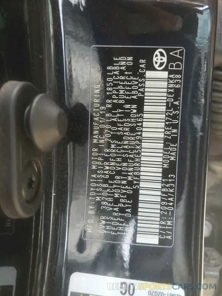 12 Photograph of a damaged car 5YFBURHE5KP940465 TOYOTA COROLLA 2019