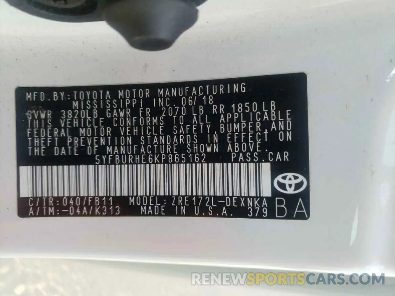 10 Photograph of a damaged car 5YFBURHE6KP865162 TOYOTA COROLLA 2019