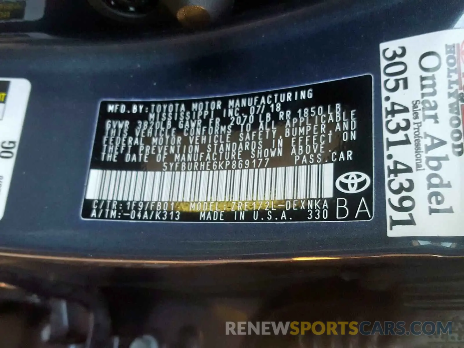 10 Photograph of a damaged car 5YFBURHE6KP869177 TOYOTA COROLLA 2019