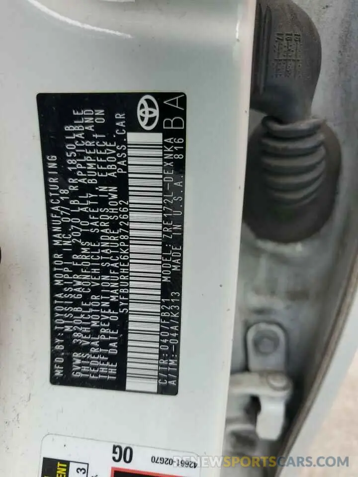 12 Photograph of a damaged car 5YFBURHE6KP872662 TOYOTA COROLLA 2019