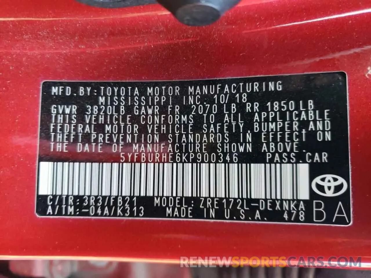 10 Photograph of a damaged car 5YFBURHE6KP900346 TOYOTA COROLLA 2019