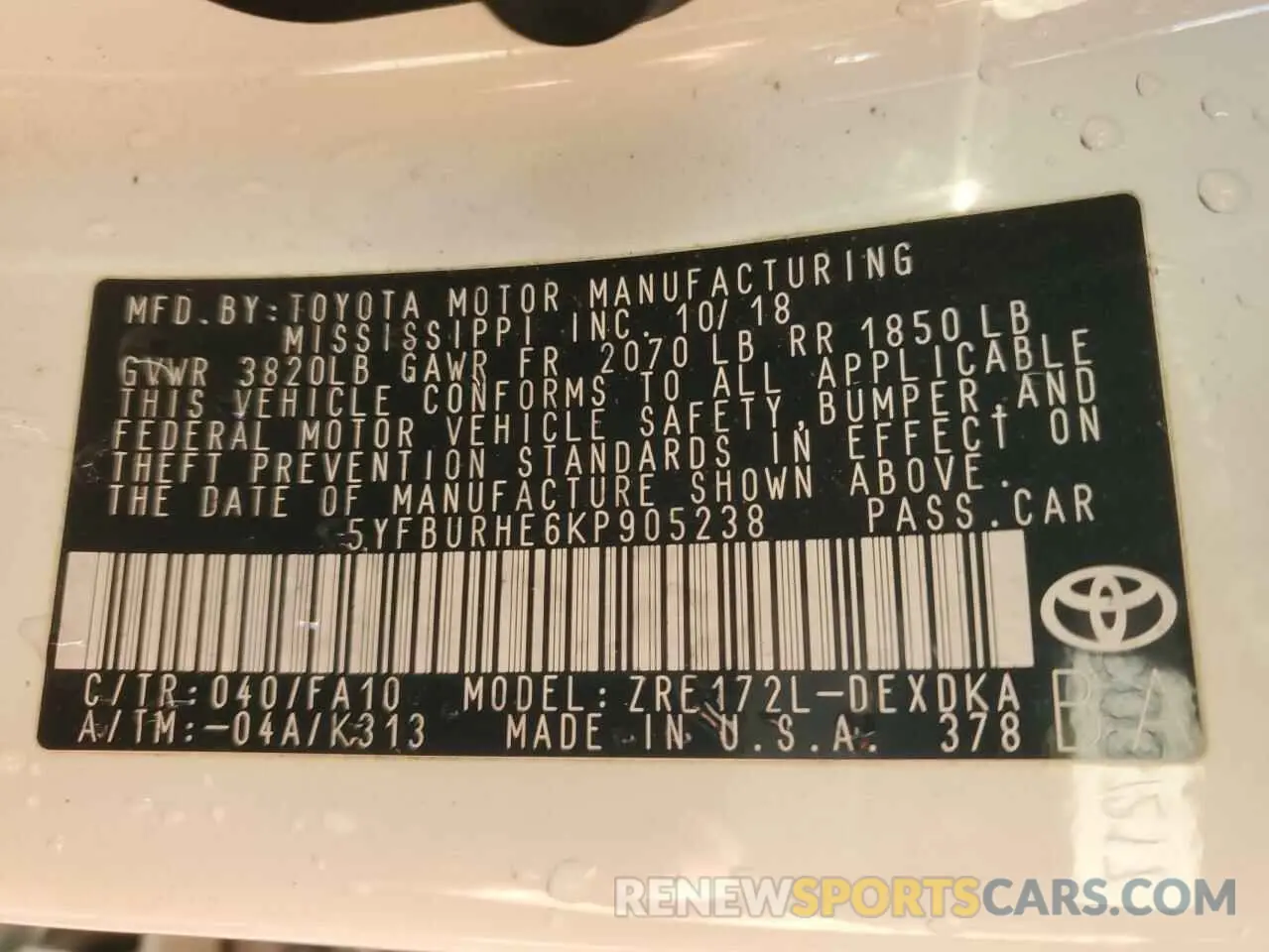 12 Photograph of a damaged car 5YFBURHE6KP905238 TOYOTA COROLLA 2019
