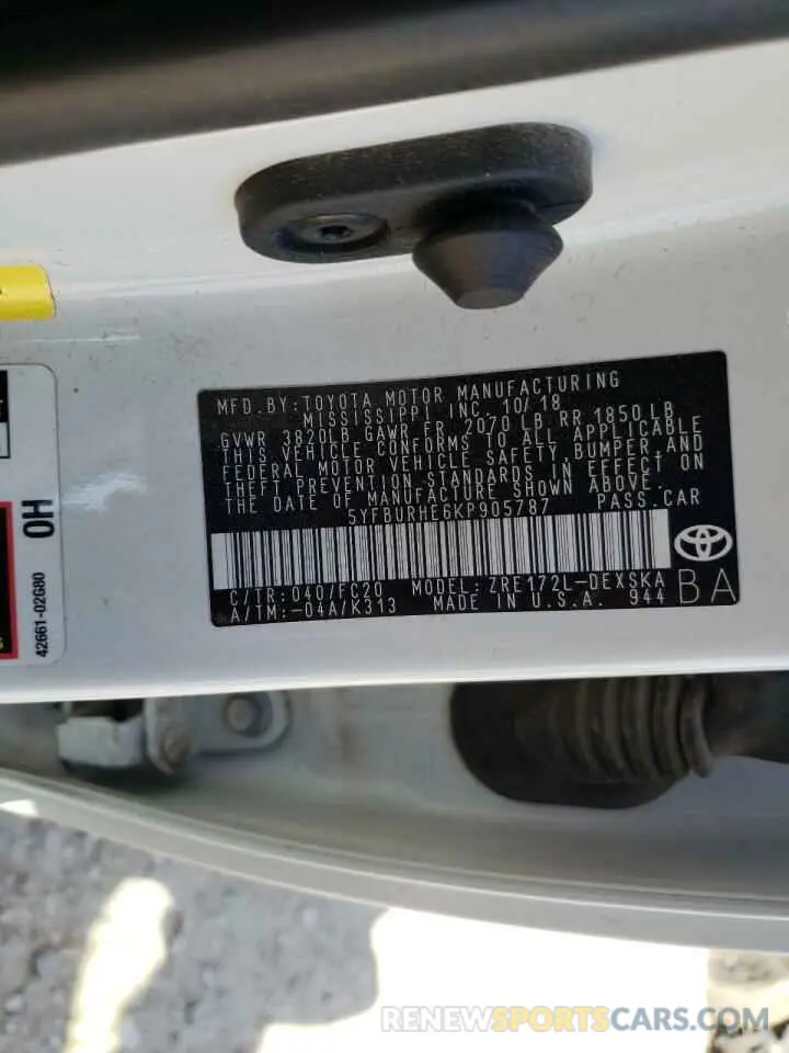 10 Photograph of a damaged car 5YFBURHE6KP905787 TOYOTA COROLLA 2019