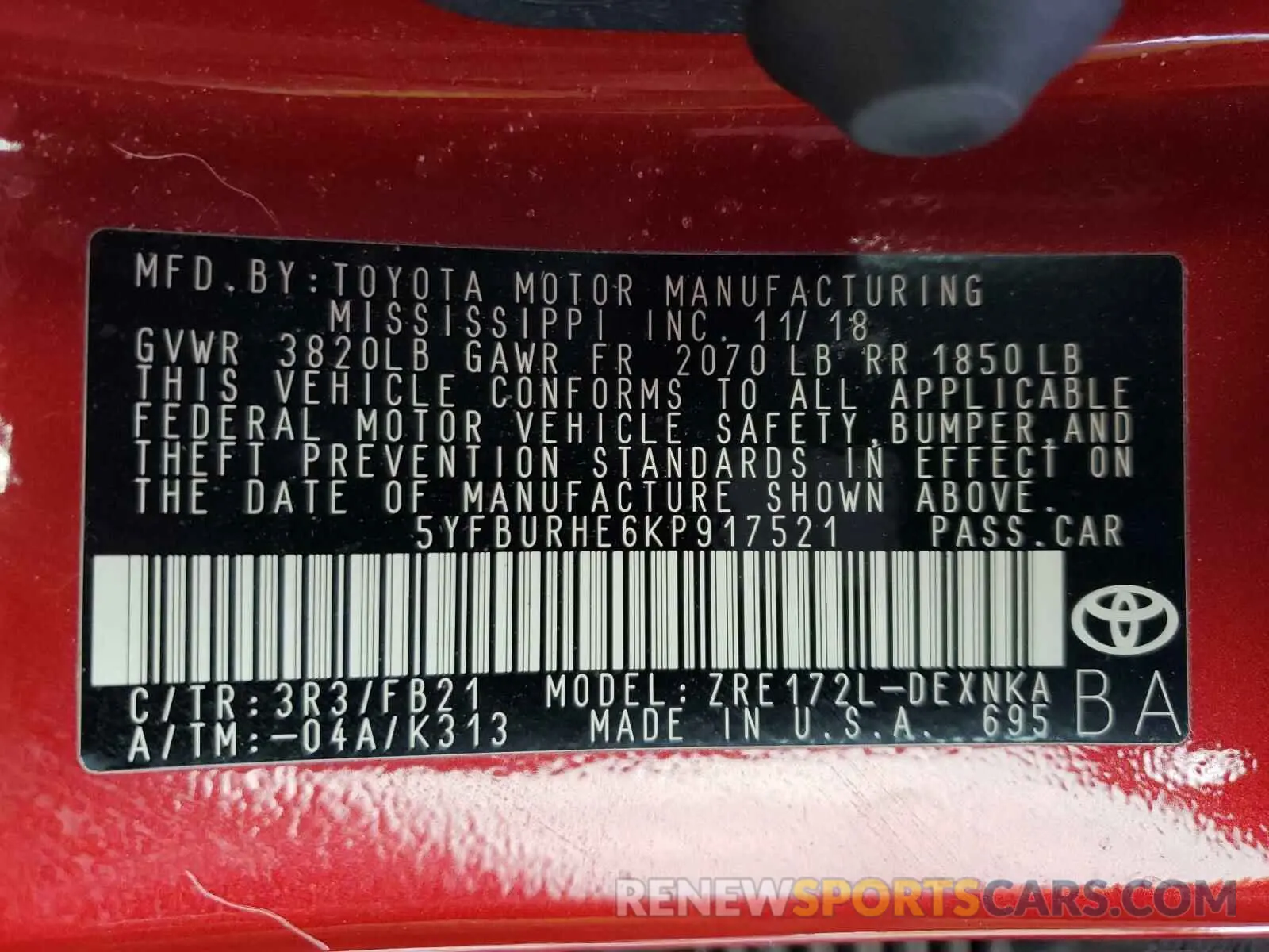 10 Photograph of a damaged car 5YFBURHE6KP917521 TOYOTA COROLLA 2019
