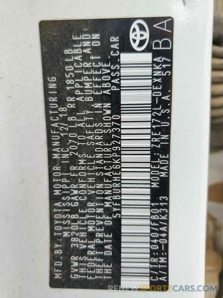 13 Photograph of a damaged car 5YFBURHE6KP927370 TOYOTA COROLLA 2019
