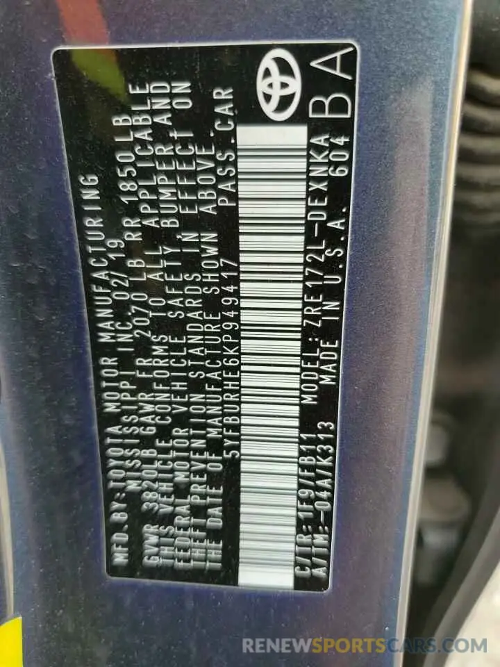 12 Photograph of a damaged car 5YFBURHE6KP949417 TOYOTA COROLLA 2019