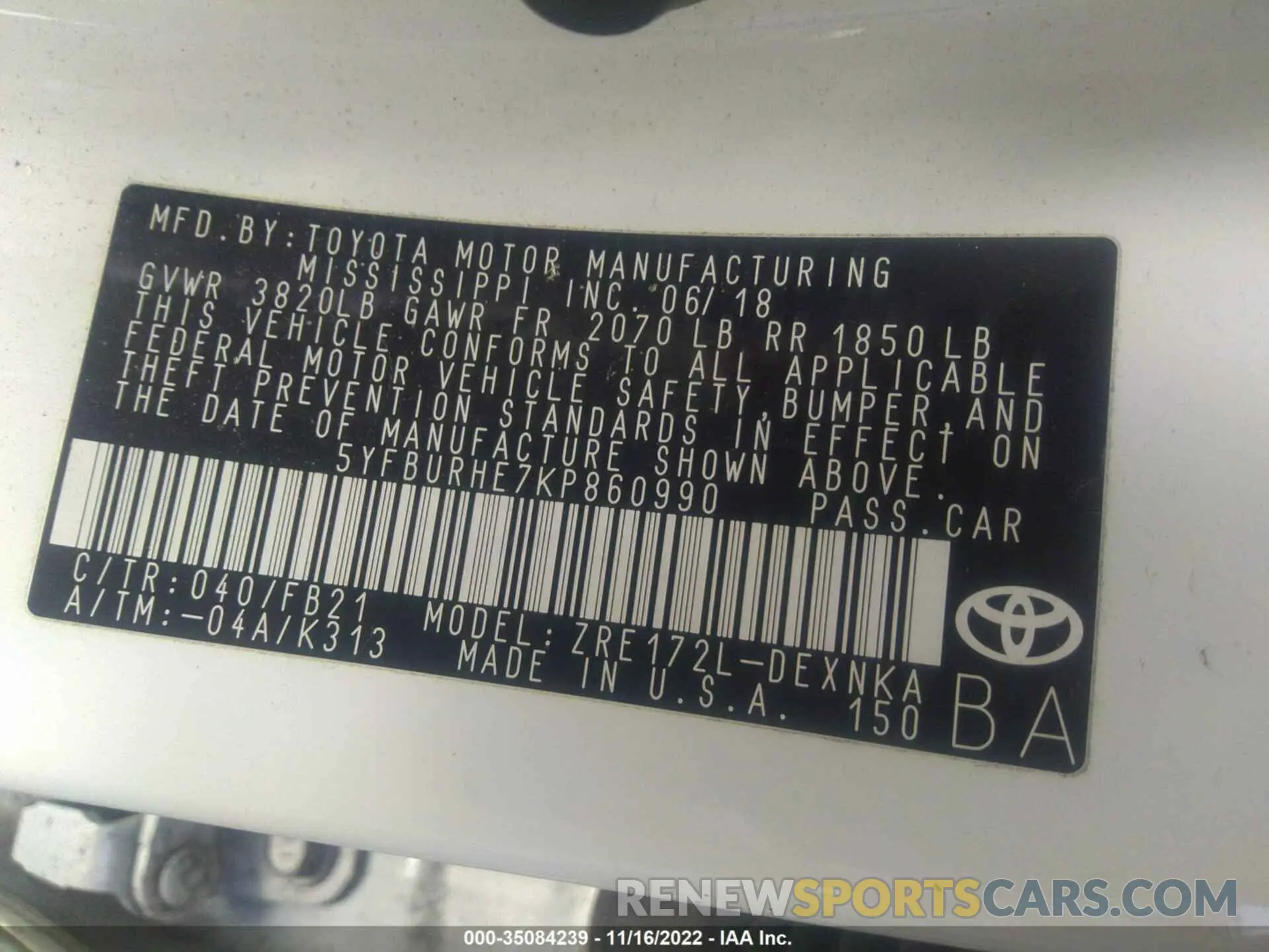 9 Фотография поврежденного автомобиля 5YFBURHE7KP860990 TOYOTA COROLLA 2019