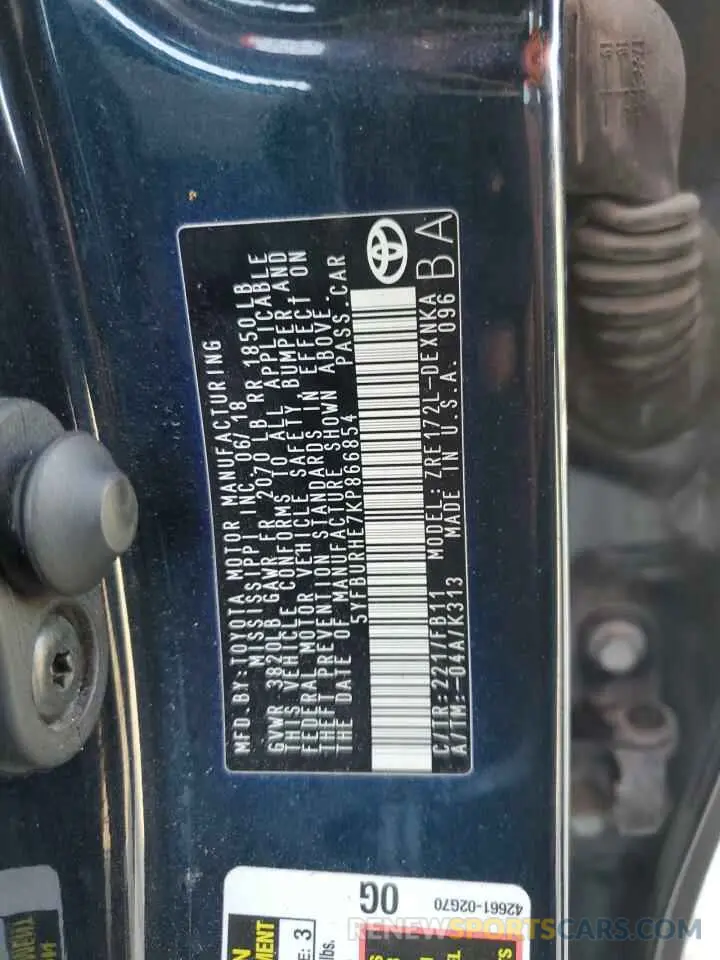 12 Photograph of a damaged car 5YFBURHE7KP866854 TOYOTA COROLLA 2019