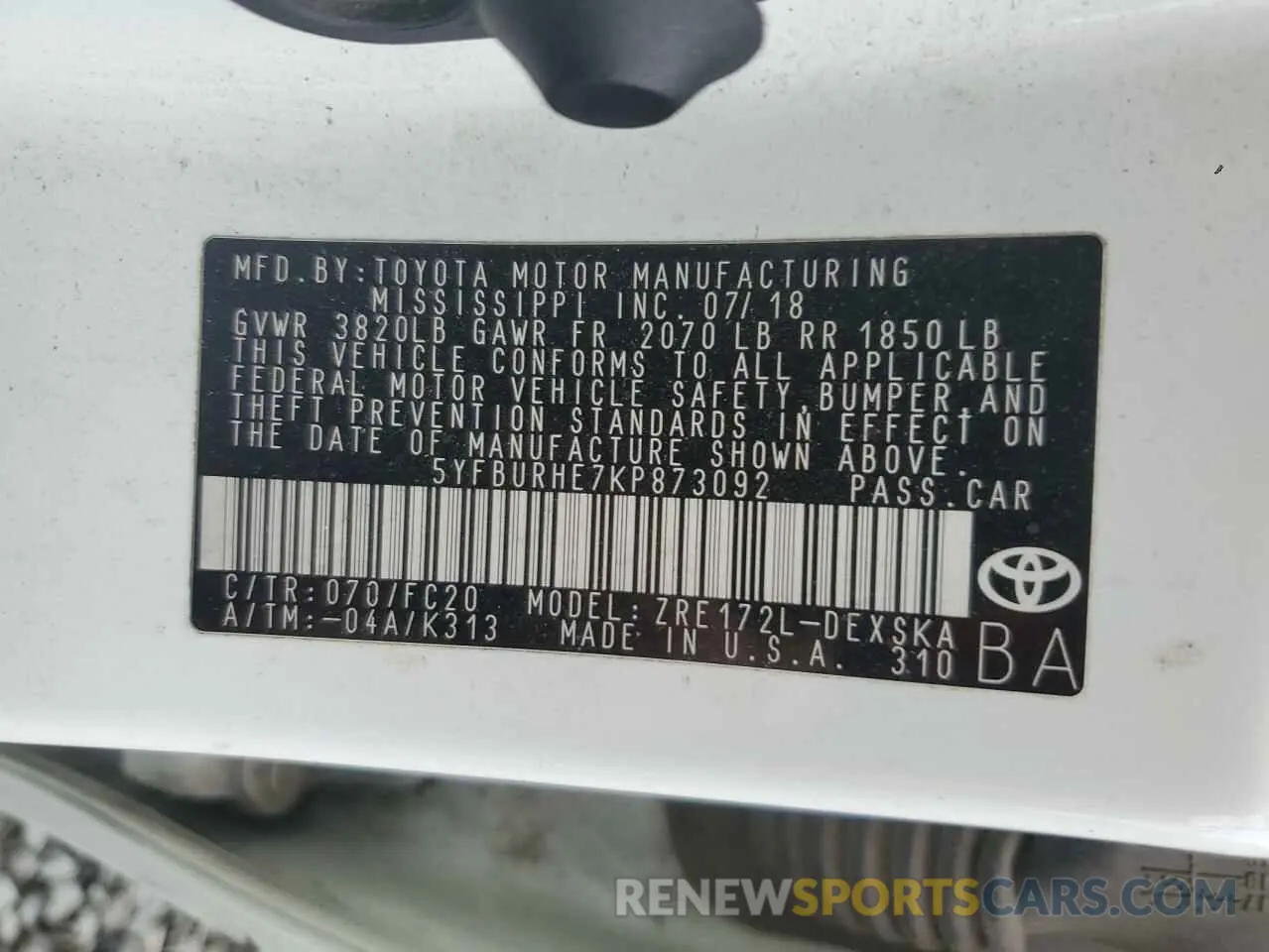 12 Photograph of a damaged car 5YFBURHE7KP873092 TOYOTA COROLLA 2019