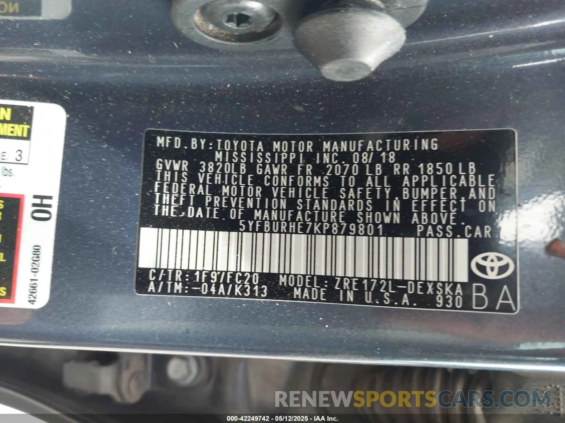 9 Фотография поврежденного автомобиля 5YFBURHE7KP879801 TOYOTA COROLLA 2019