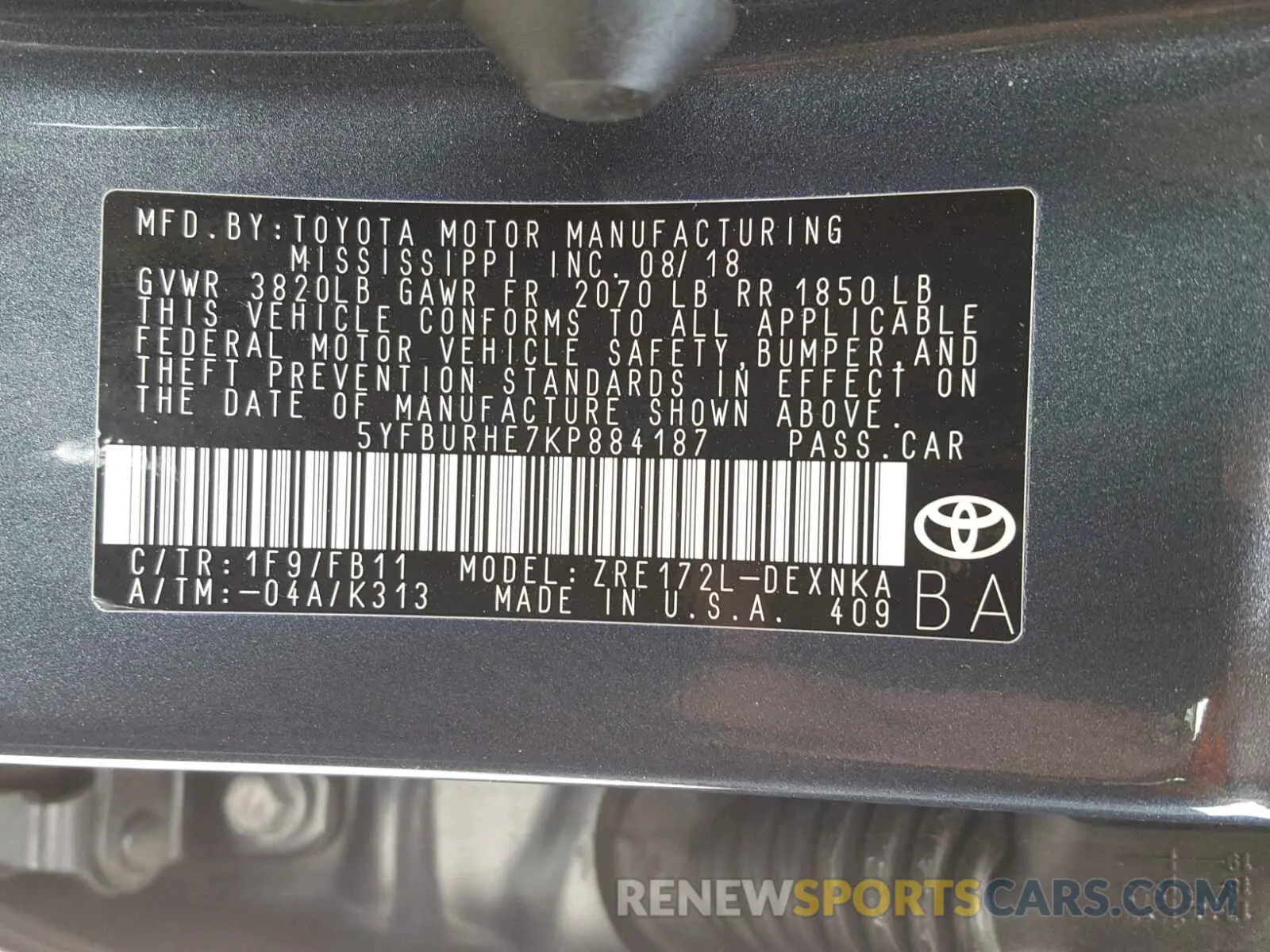 10 Photograph of a damaged car 5YFBURHE7KP884187 TOYOTA COROLLA 2019