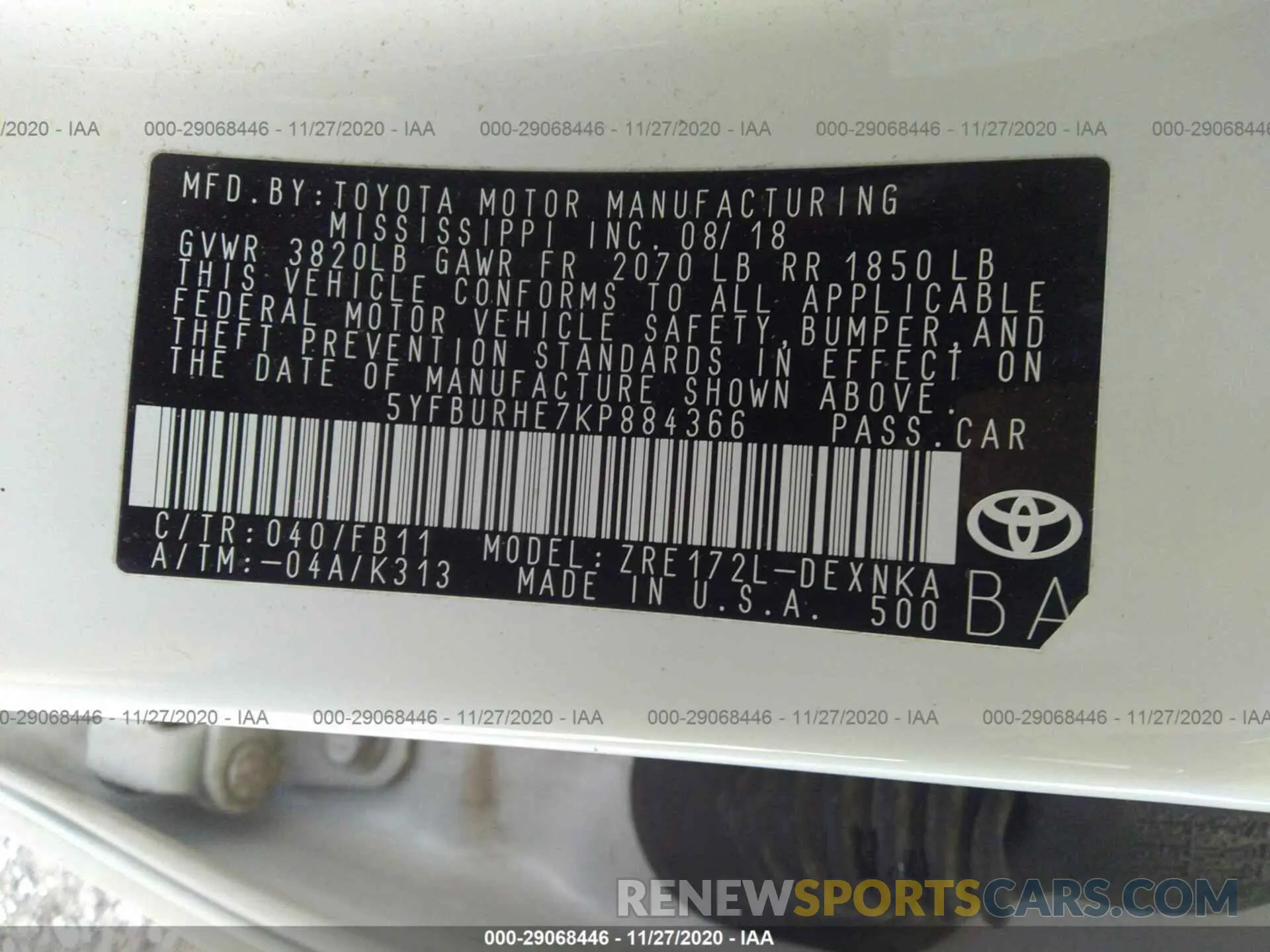 9 Photograph of a damaged car 5YFBURHE7KP884366 TOYOTA COROLLA 2019