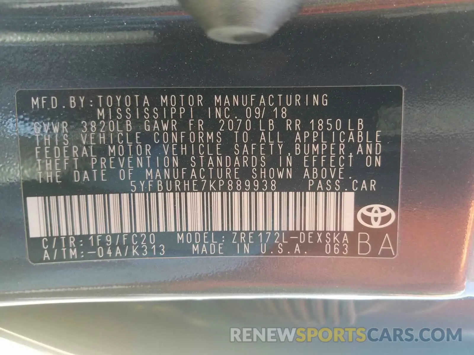 10 Photograph of a damaged car 5YFBURHE7KP889938 TOYOTA COROLLA 2019
