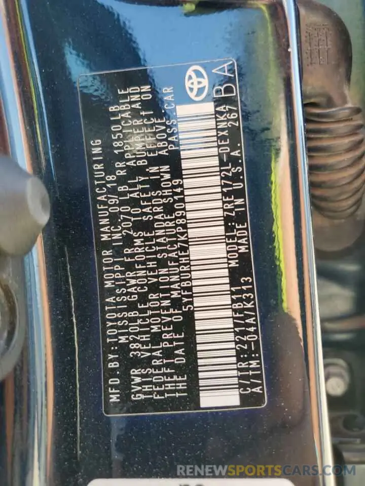 12 Photograph of a damaged car 5YFBURHE7KP890149 TOYOTA COROLLA 2019