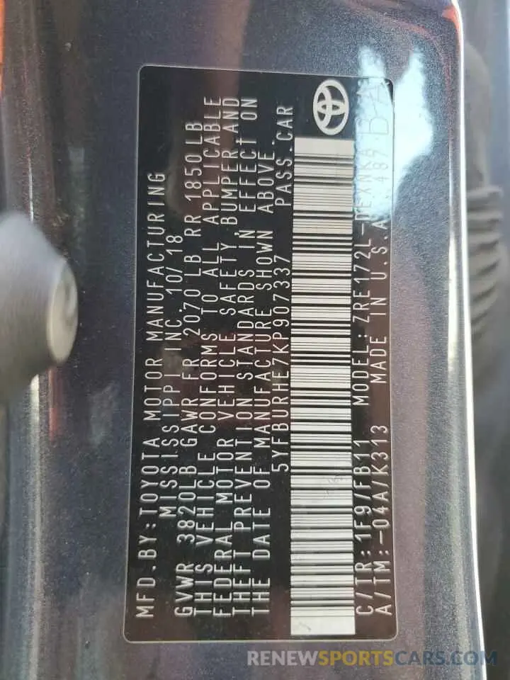 13 Фотография поврежденного автомобиля 5YFBURHE7KP907337 TOYOTA COROLLA 2019