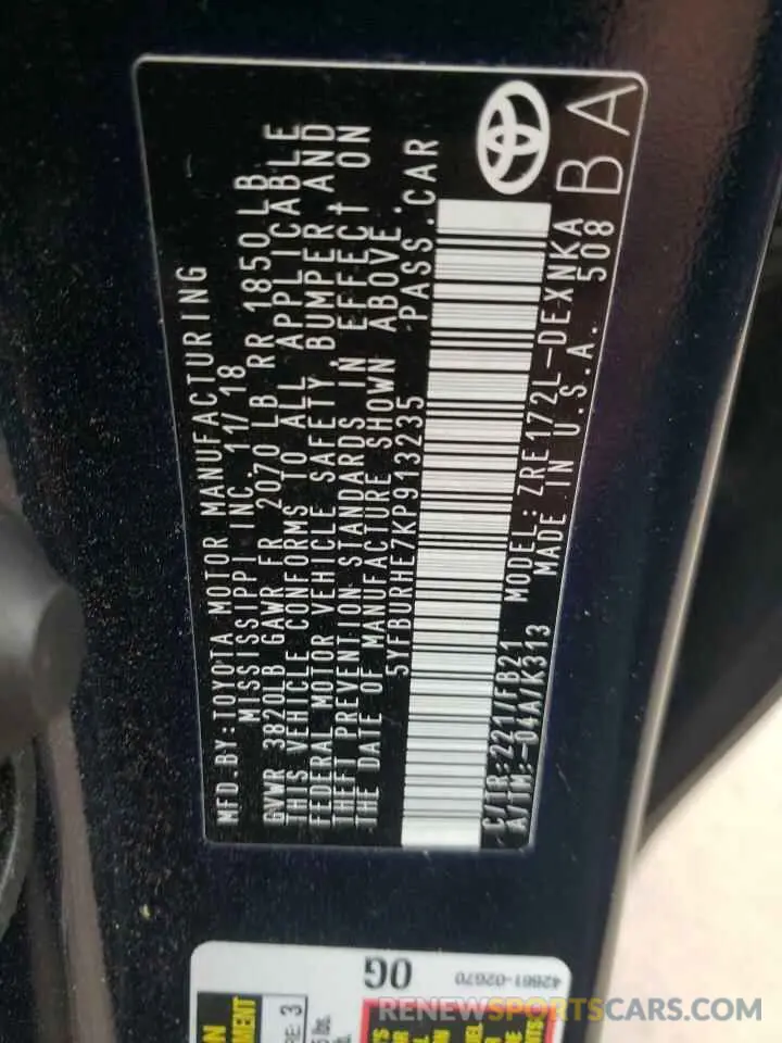10 Photograph of a damaged car 5YFBURHE7KP913235 TOYOTA COROLLA 2019