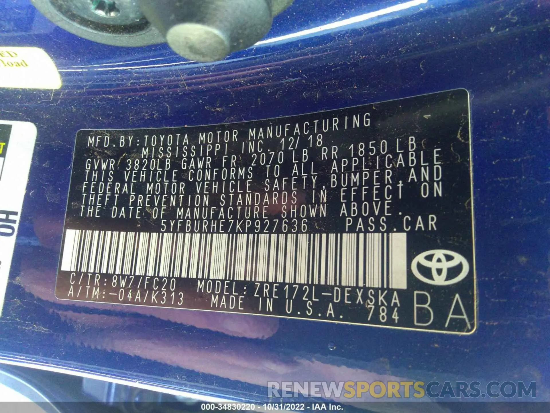 9 Фотография поврежденного автомобиля 5YFBURHE7KP927636 TOYOTA COROLLA 2019