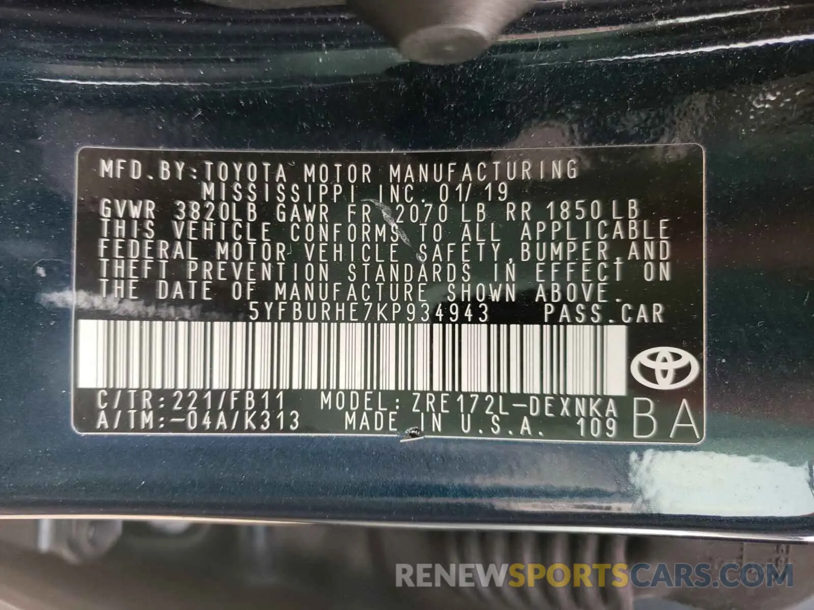 10 Photograph of a damaged car 5YFBURHE7KP934943 TOYOTA COROLLA 2019