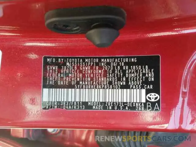 10 Photograph of a damaged car 5YFBURHE8KP858102 TOYOTA COROLLA 2019