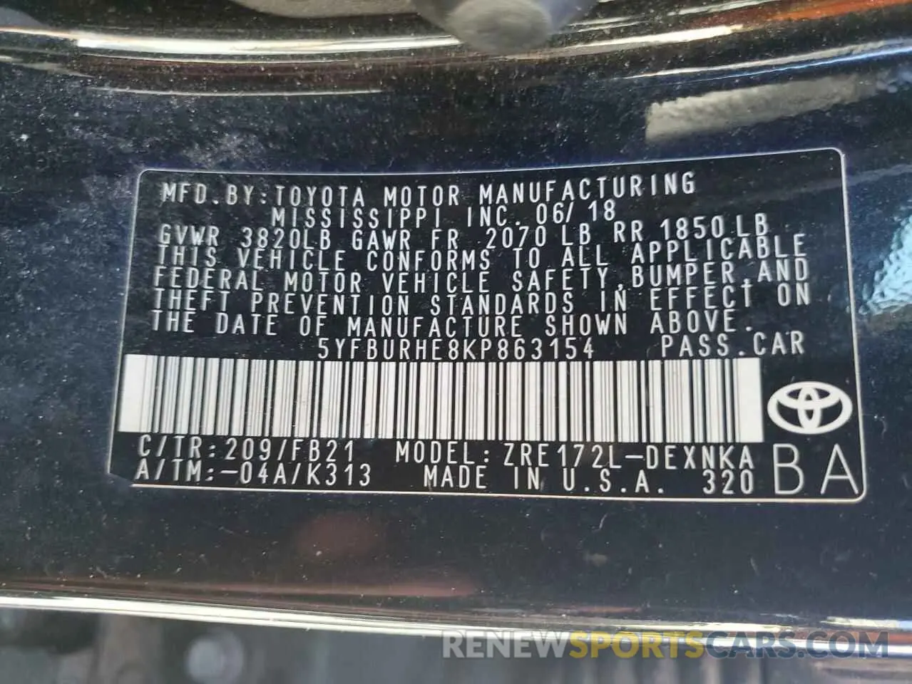 12 Фотография поврежденного автомобиля 5YFBURHE8KP863154 TOYOTA COROLLA 2019