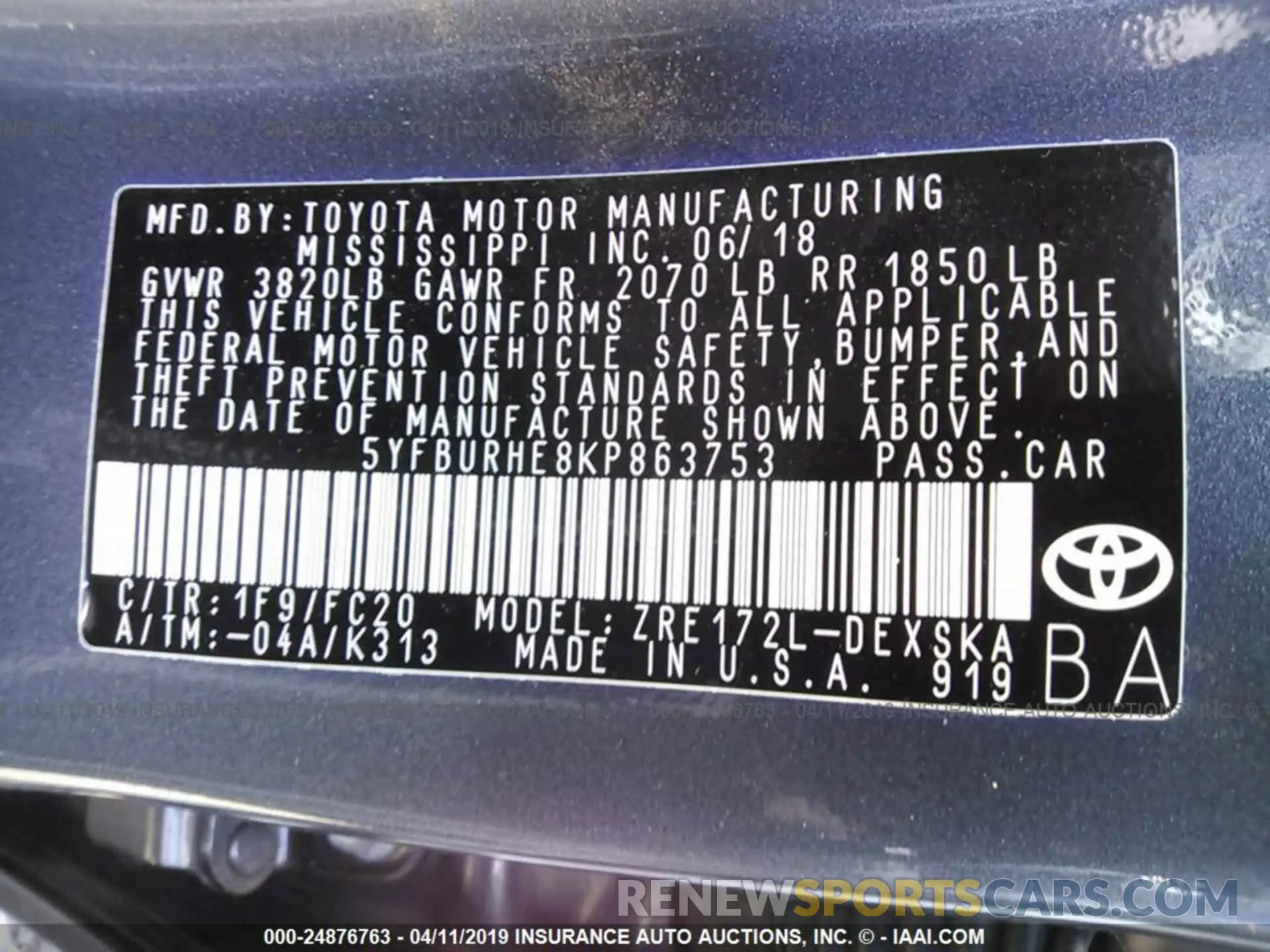 9 Photograph of a damaged car 5YFBURHE8KP863753 TOYOTA COROLLA 2019