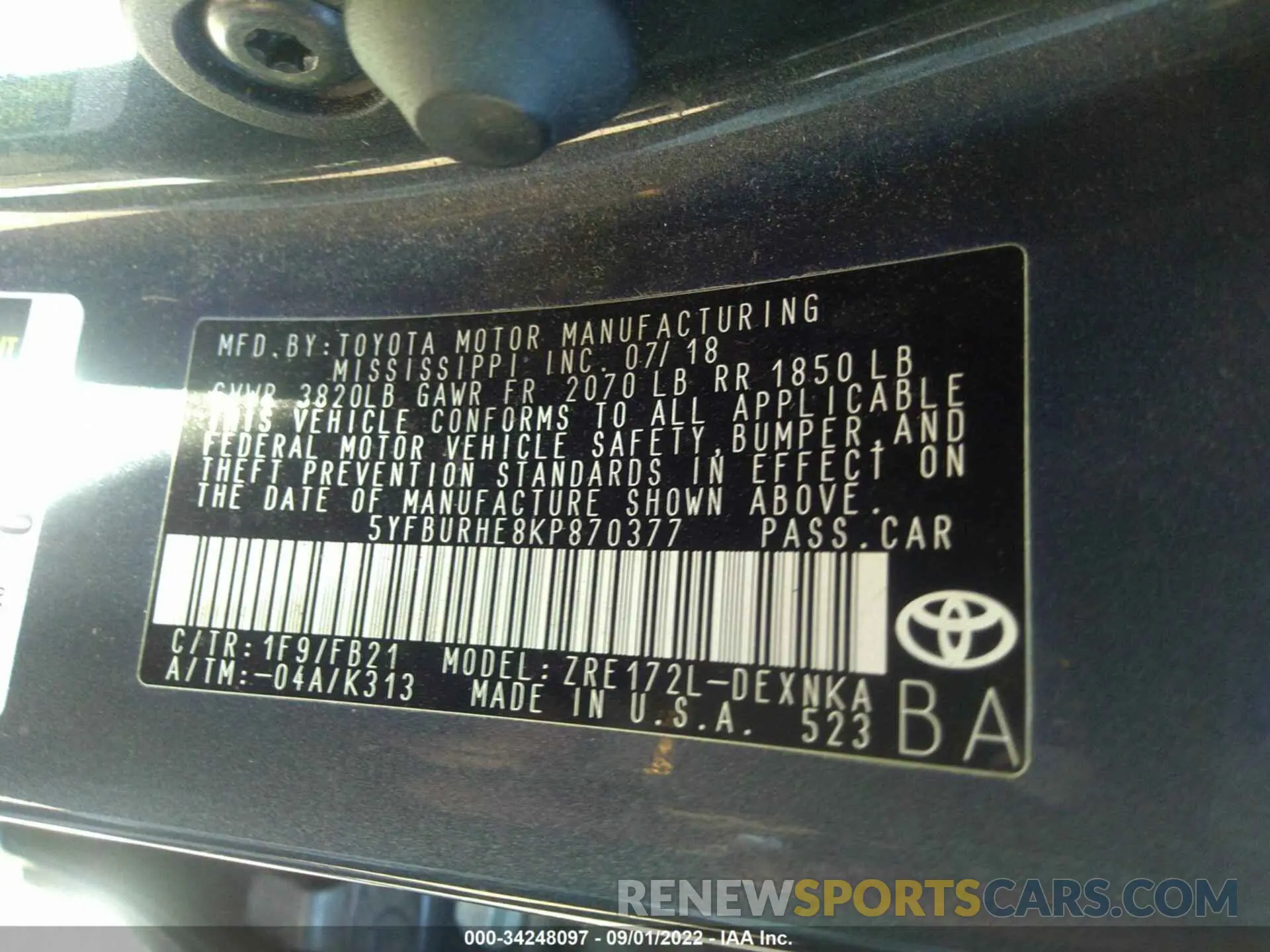 9 Photograph of a damaged car 5YFBURHE8KP870377 TOYOTA COROLLA 2019