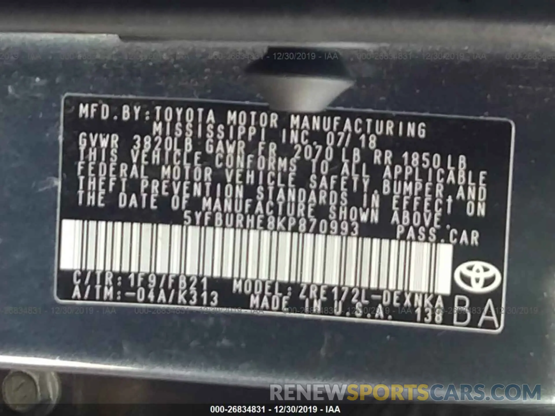 9 Photograph of a damaged car 5YFBURHE8KP870993 TOYOTA COROLLA 2019