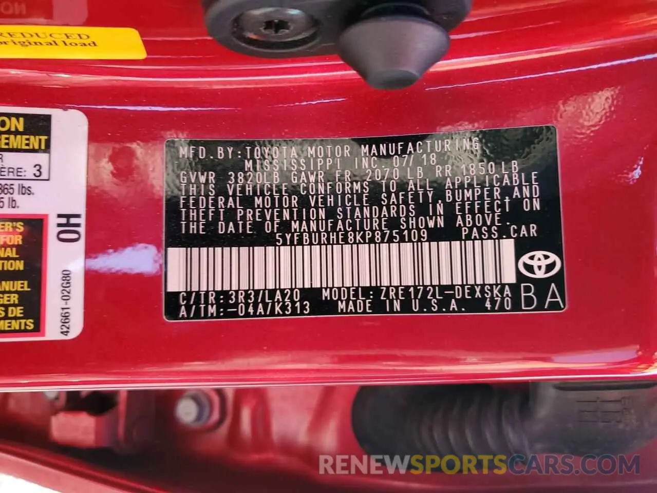 13 Photograph of a damaged car 5YFBURHE8KP875109 TOYOTA COROLLA 2019
