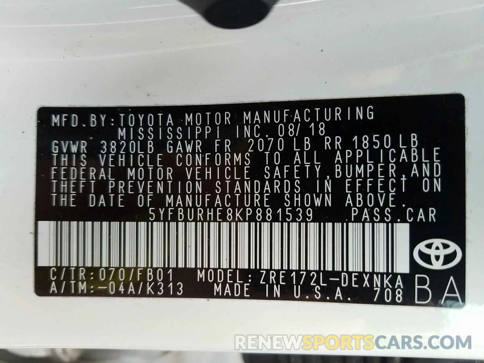 10 Photograph of a damaged car 5YFBURHE8KP881539 TOYOTA COROLLA 2019