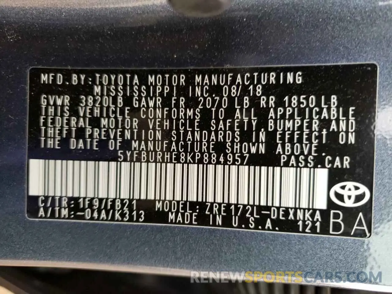 10 Photograph of a damaged car 5YFBURHE8KP884957 TOYOTA COROLLA 2019