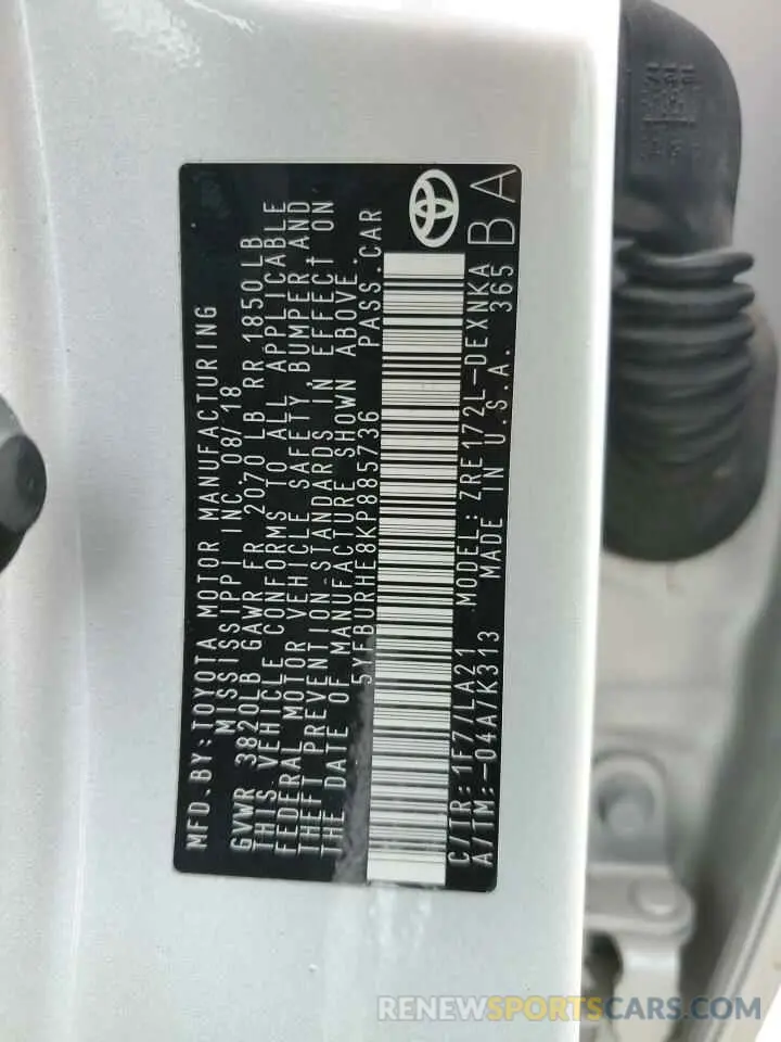 13 Photograph of a damaged car 5YFBURHE8KP885736 TOYOTA COROLLA 2019