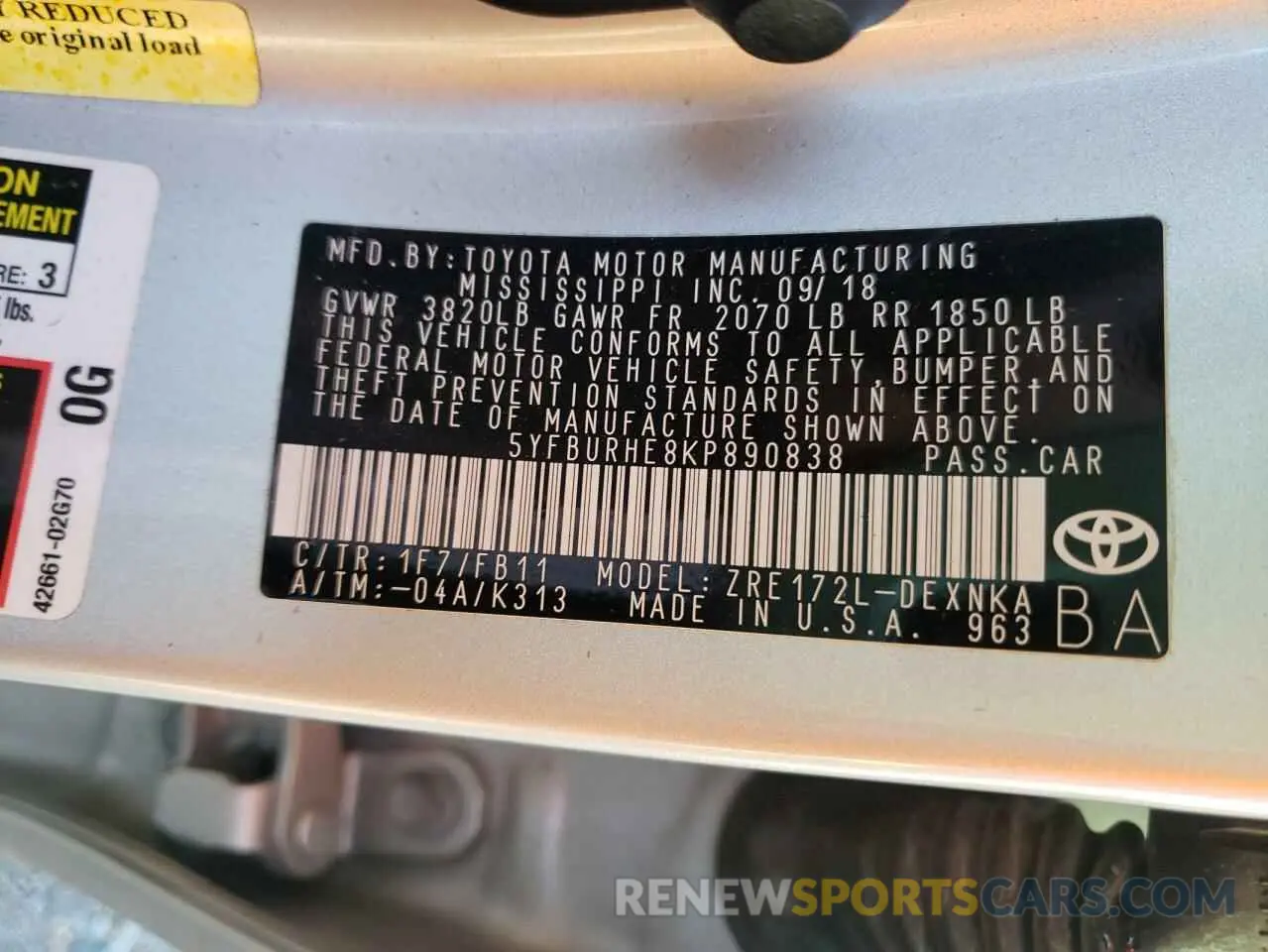 10 Photograph of a damaged car 5YFBURHE8KP890838 TOYOTA COROLLA 2019