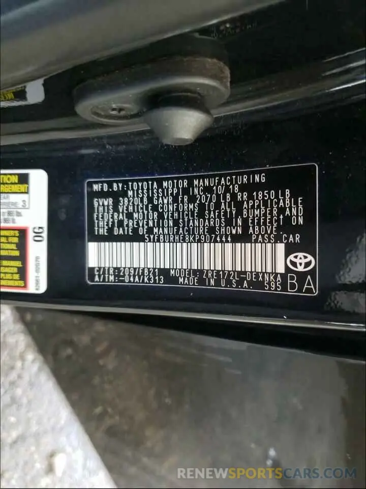 10 Photograph of a damaged car 5YFBURHE8KP907444 TOYOTA COROLLA 2019