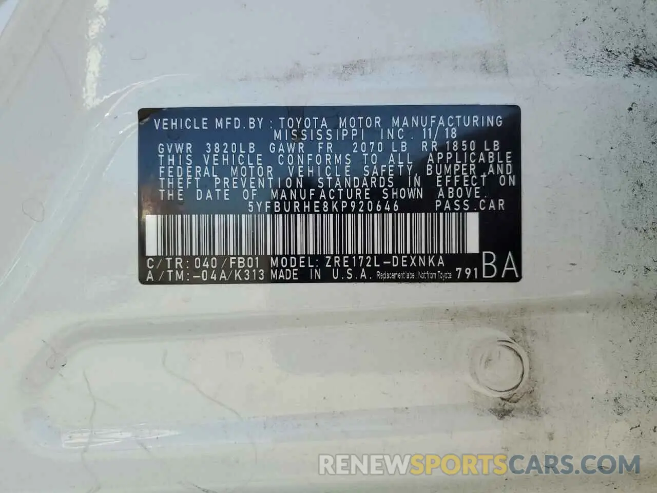 12 Photograph of a damaged car 5YFBURHE8KP920646 TOYOTA COROLLA 2019