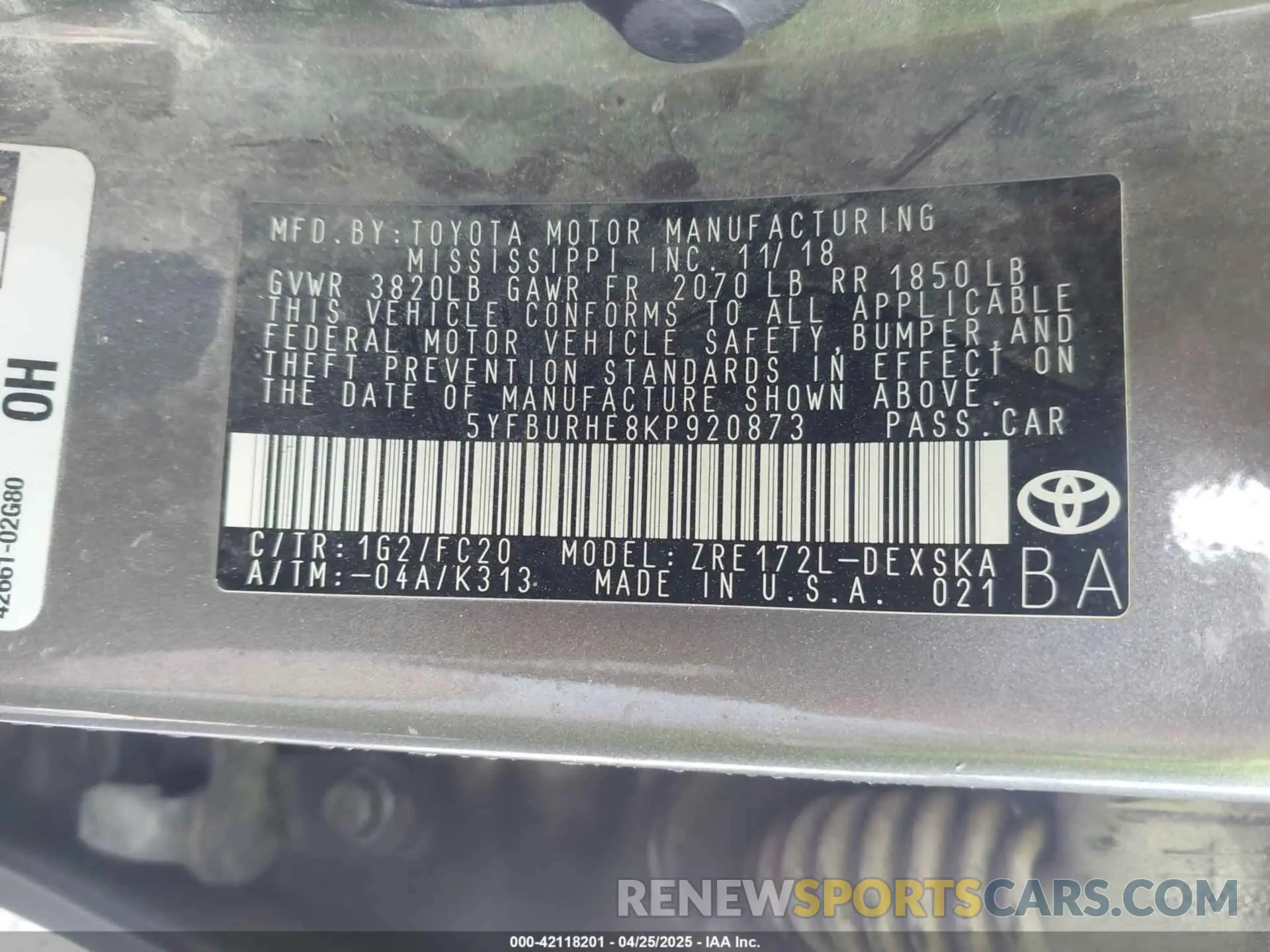 9 Photograph of a damaged car 5YFBURHE8KP920873 TOYOTA COROLLA 2019