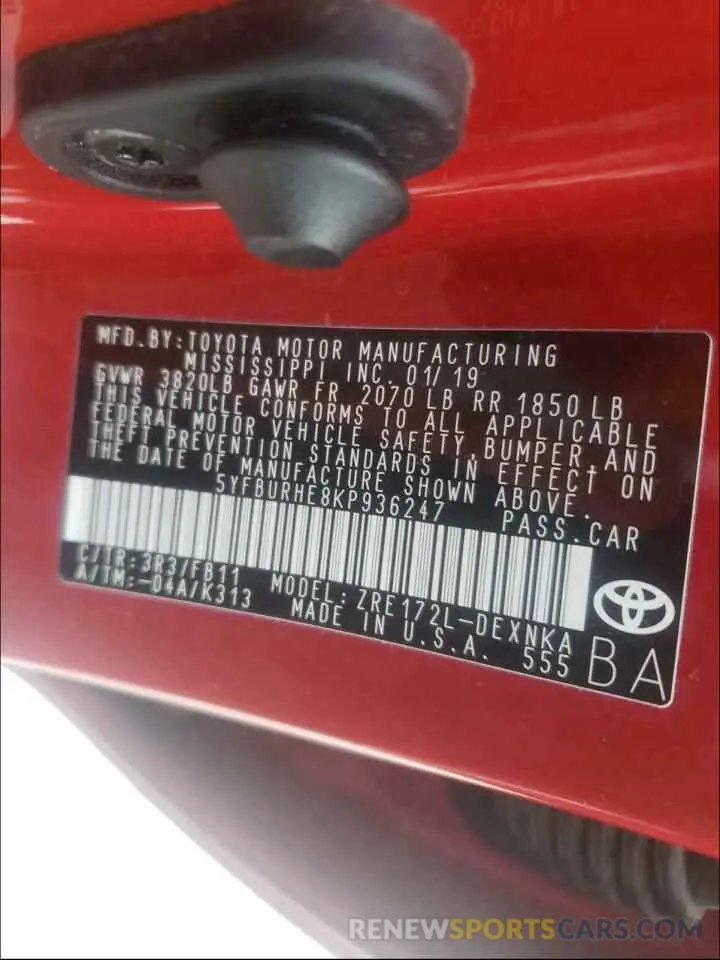 10 Photograph of a damaged car 5YFBURHE8KP936247 TOYOTA COROLLA 2019