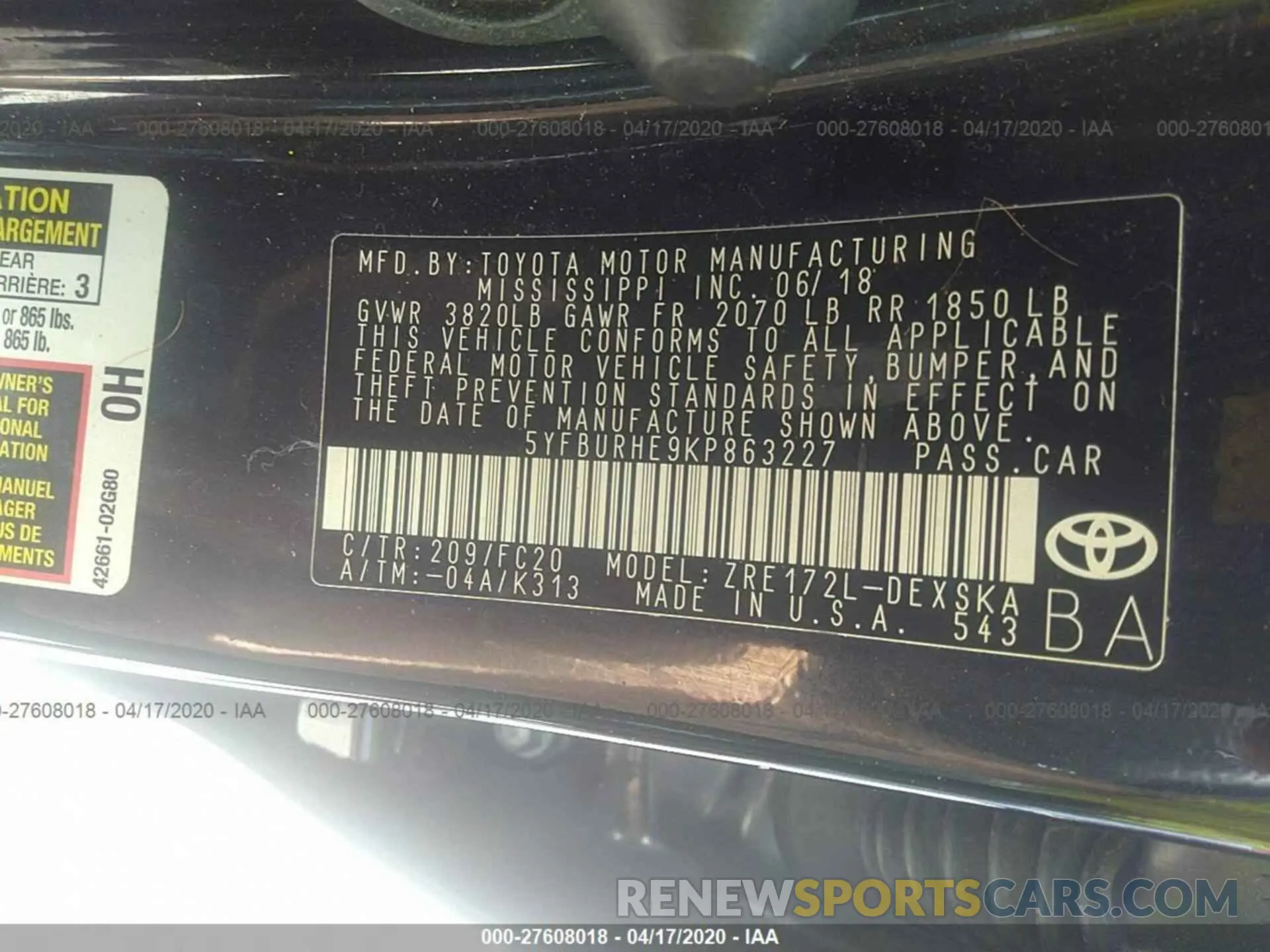 9 Photograph of a damaged car 5YFBURHE9KP863227 TOYOTA COROLLA 2019