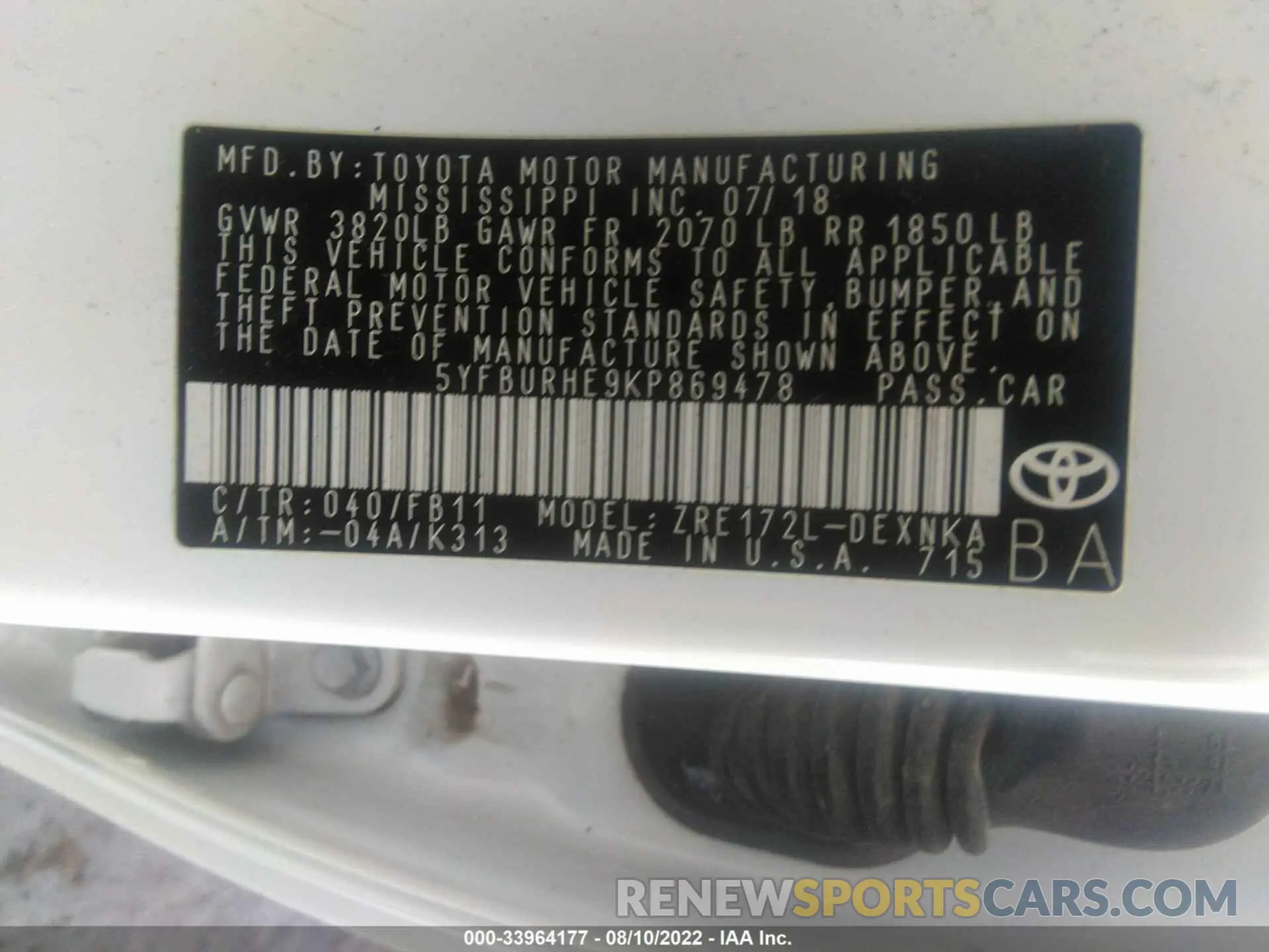 9 Photograph of a damaged car 5YFBURHE9KP869478 TOYOTA COROLLA 2019