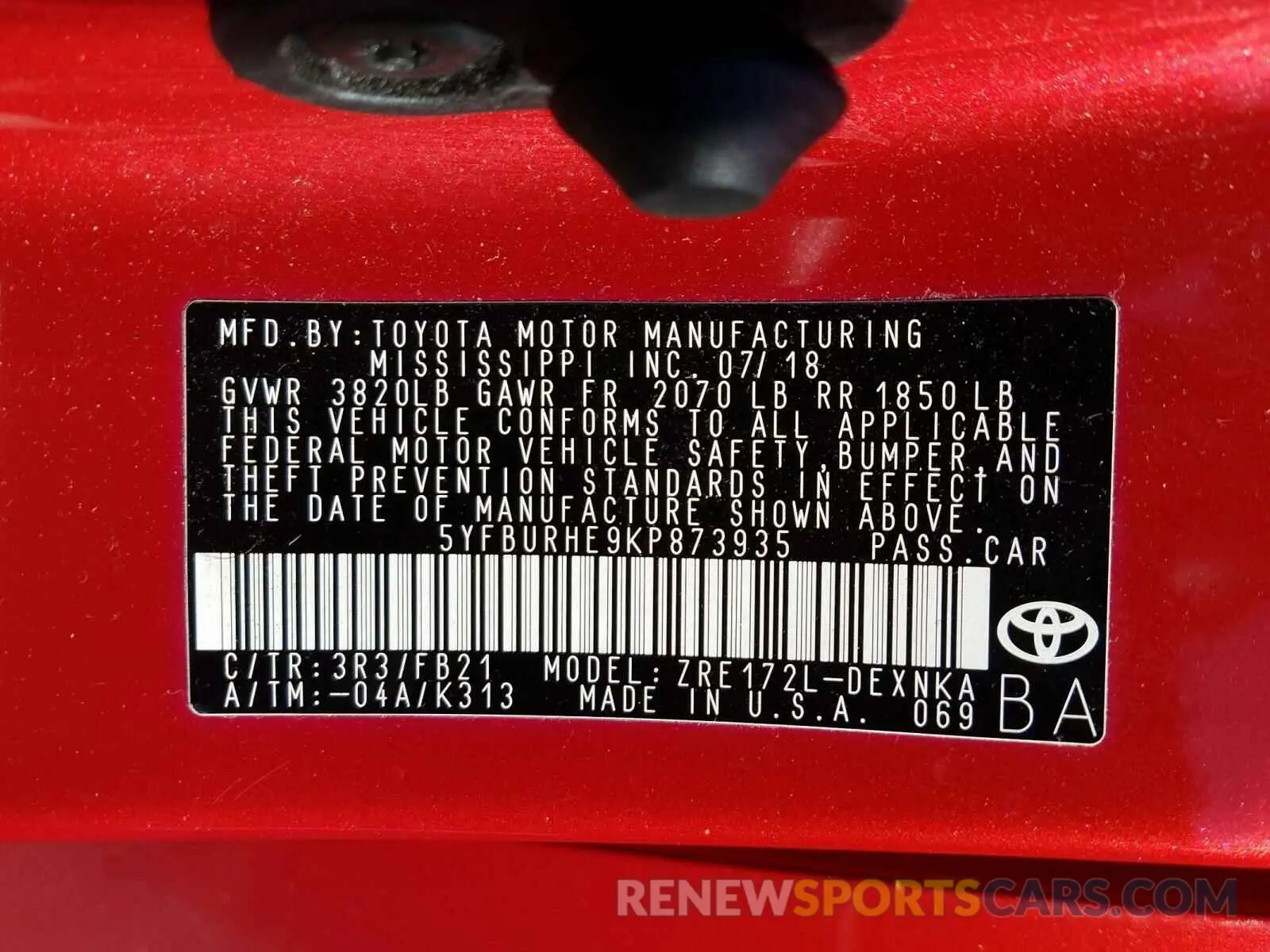 10 Photograph of a damaged car 5YFBURHE9KP873935 TOYOTA COROLLA 2019