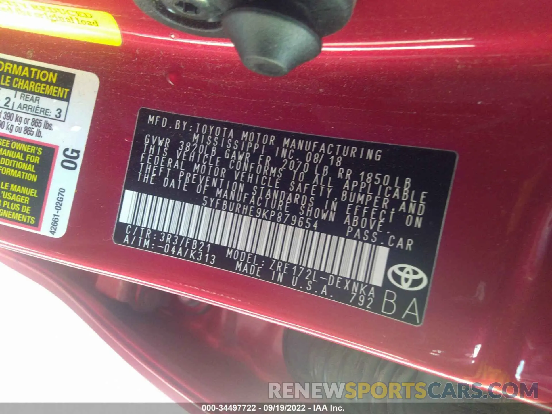 9 Фотография поврежденного автомобиля 5YFBURHE9KP879654 TOYOTA COROLLA 2019
