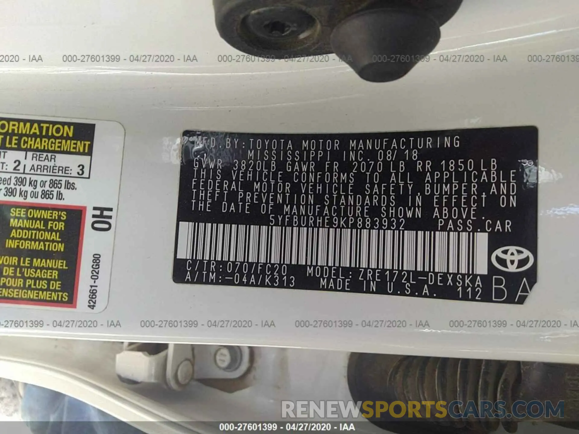 9 Photograph of a damaged car 5YFBURHE9KP883932 TOYOTA COROLLA 2019
