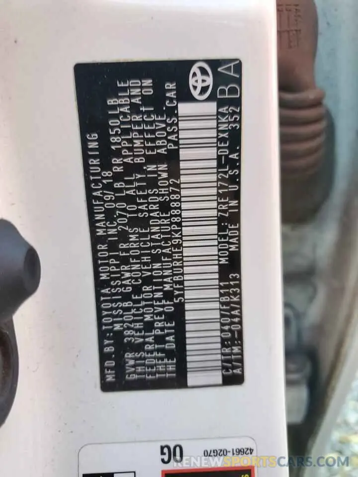 13 Photograph of a damaged car 5YFBURHE9KP888872 TOYOTA COROLLA 2019