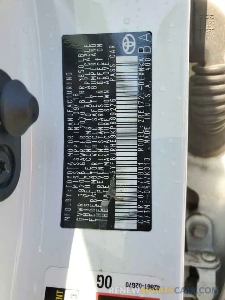 12 Photograph of a damaged car 5YFBURHE9KP889276 TOYOTA COROLLA 2019