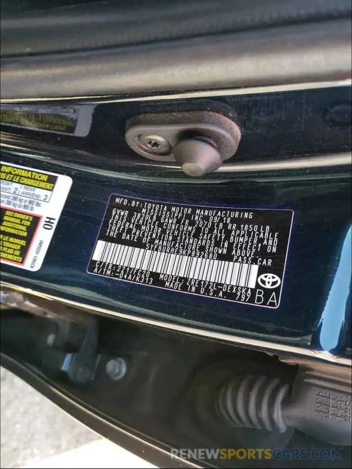 10 Photograph of a damaged car 5YFBURHE9KP892680 TOYOTA COROLLA 2019