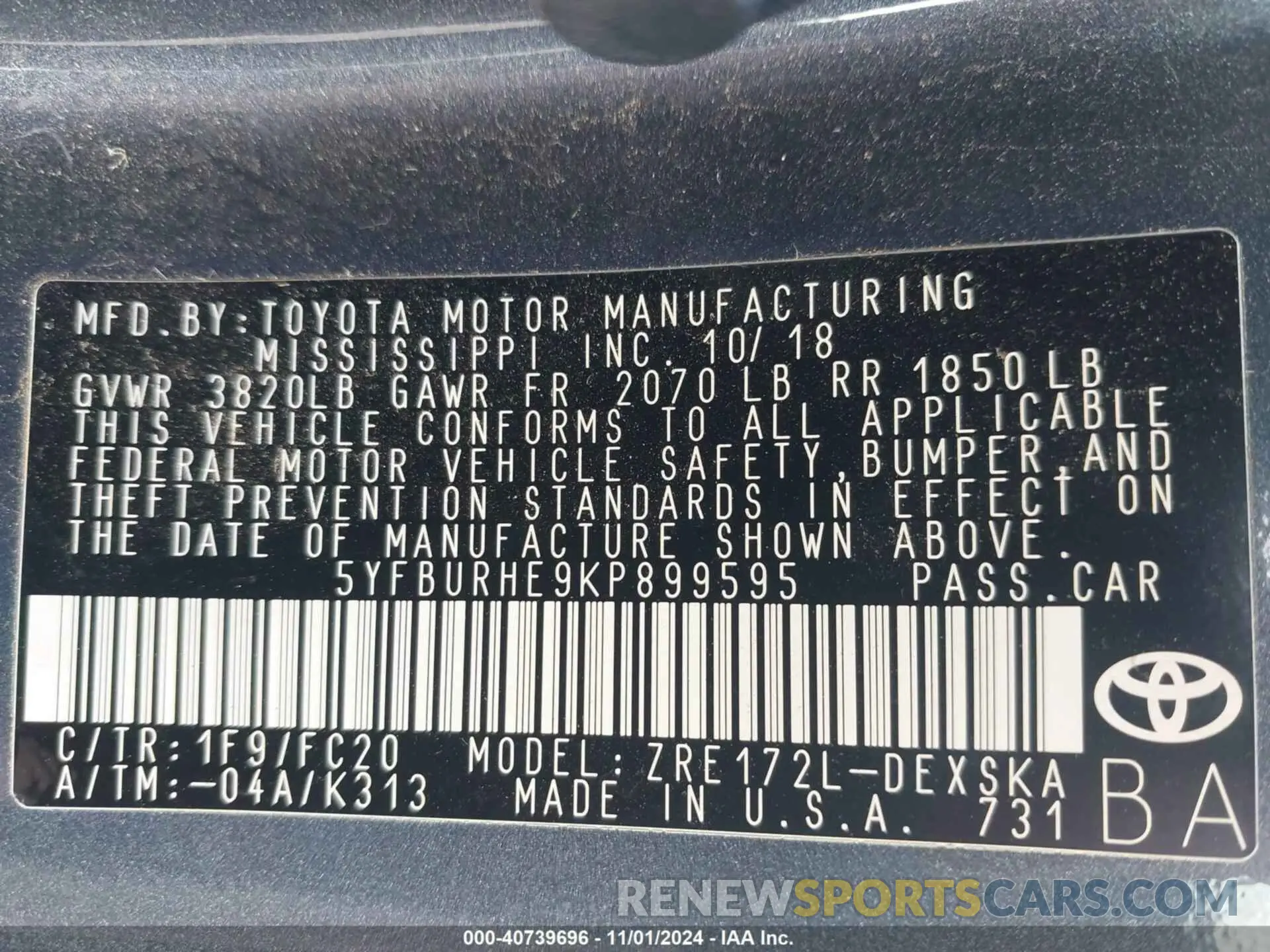 9 Photograph of a damaged car 5YFBURHE9KP899595 TOYOTA COROLLA 2019